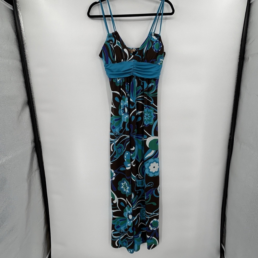 Vintage Sequin Hearts Floral Y2K Maxi Dress Size Medium Brown Retro Empire Waist